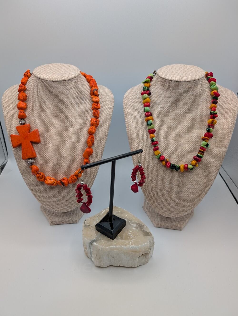 Chunky Orange Cross Pendant Necklace & Multi-Color Chip Bead Fashion Necklace